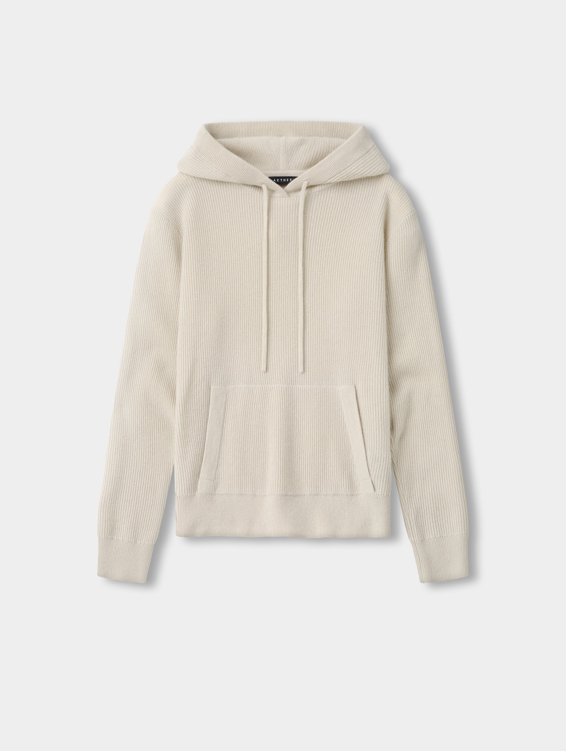 Flat lay view of the Lawrence Cashmere Hooded Sweater in Bone from AETHER Apparel.
