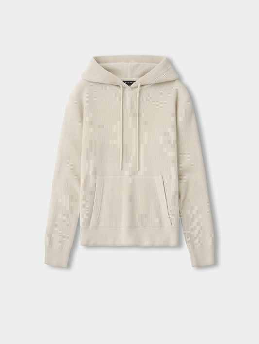 Flat lay view of the Lawrence Cashmere Hooded Sweater in Bone from AETHER Apparel.