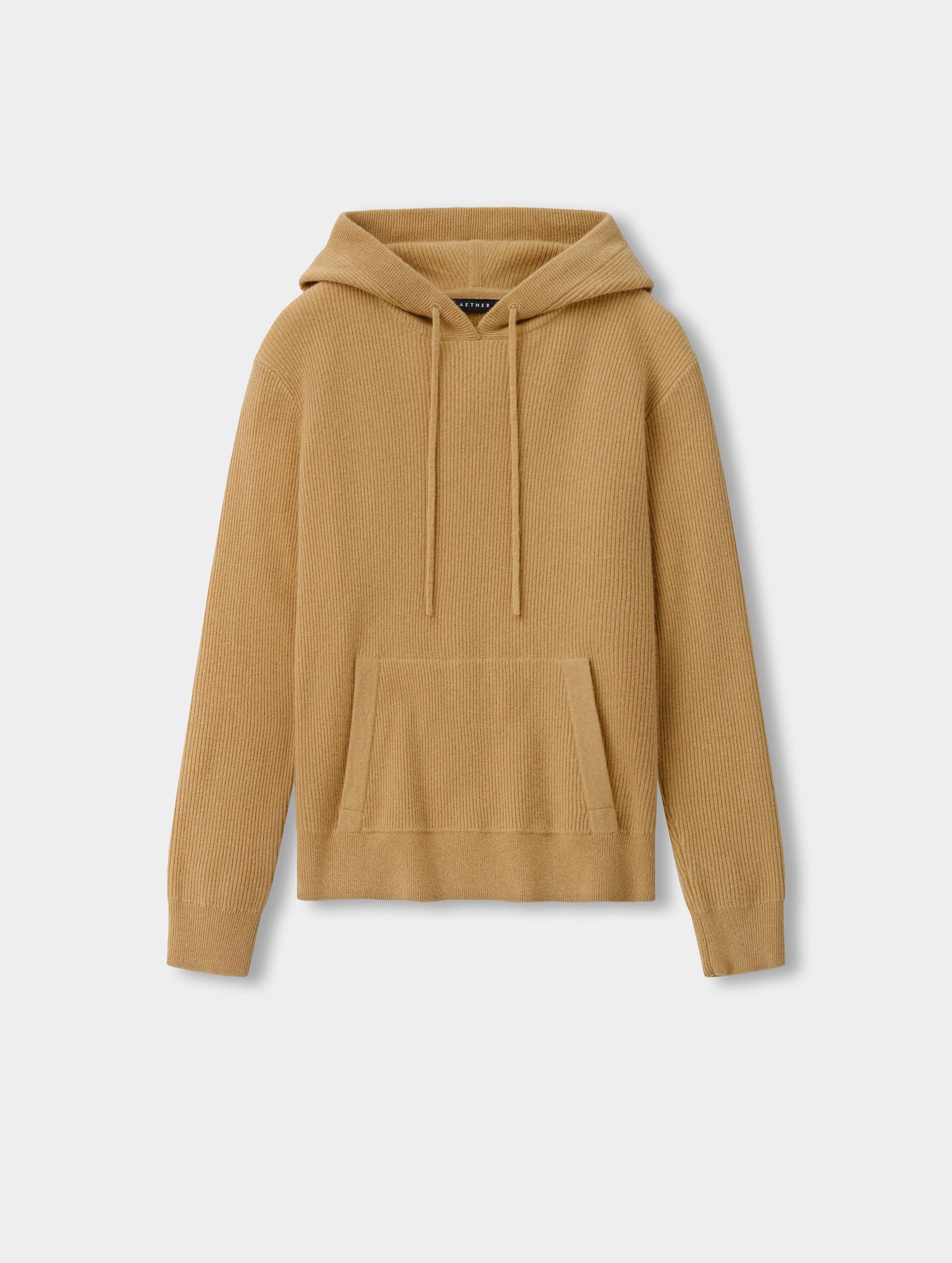 Flat lay view of the Lawrence Cashmere Hooded Sweater in Latte Brown from AETHER Apparel.