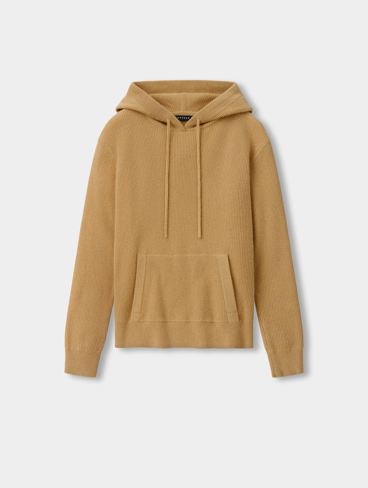 Flat lay view of the Lawrence Cashmere Hooded Sweater in Latte Brown from AETHER Apparel.