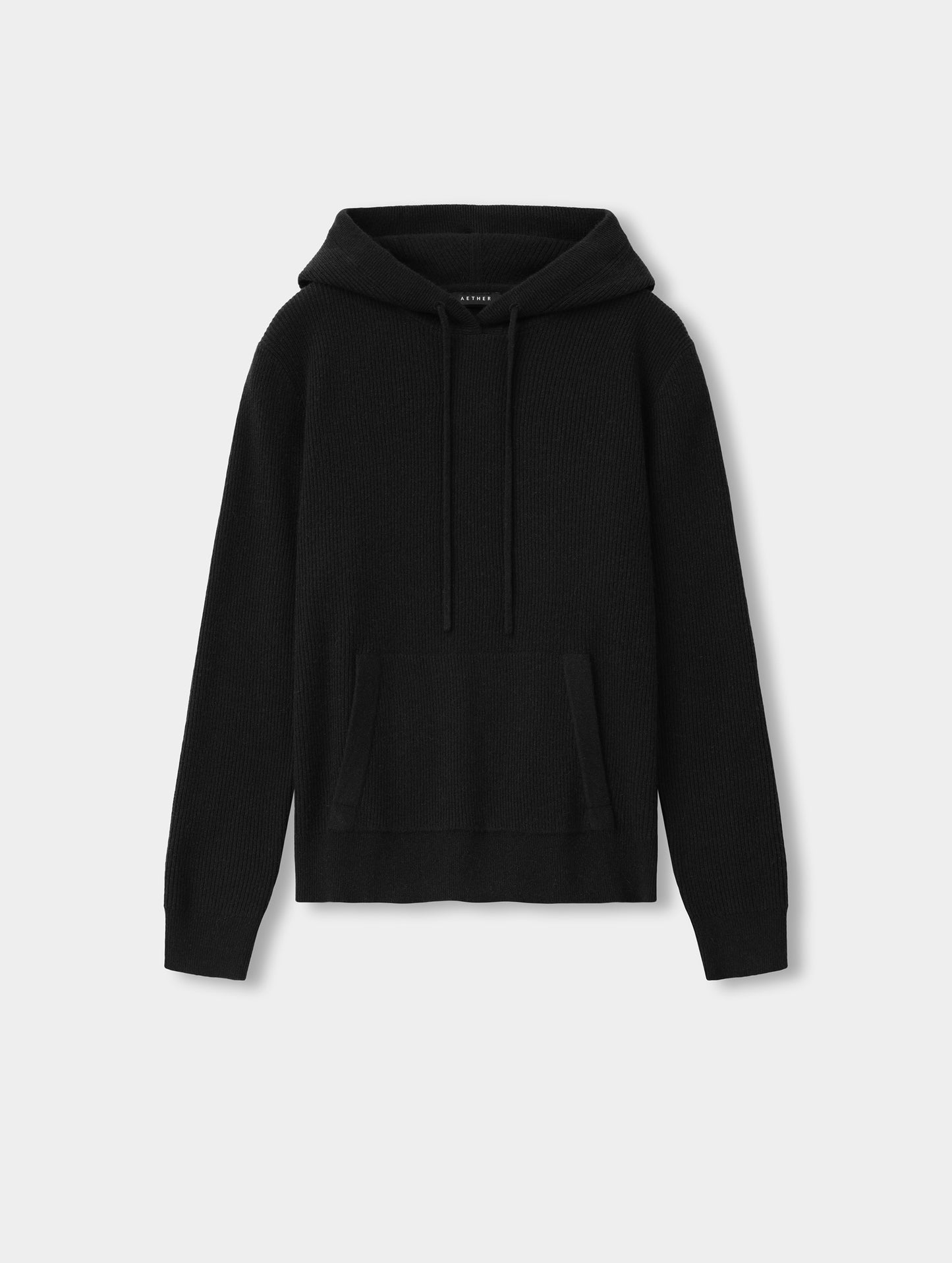 Flat lay view of the Lawrence Cashmere Hooded Sweater in Onyx Black from AETHER Apparel.