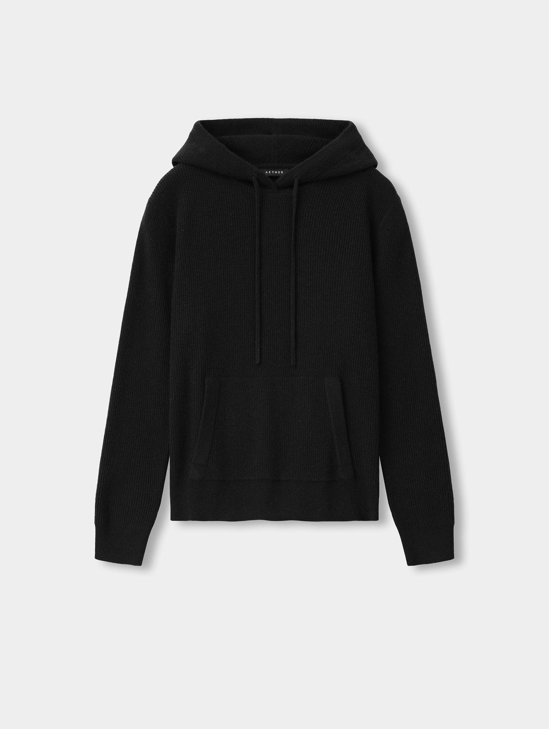 Flat lay view of the Lawrence Cashmere Hooded Sweater in Onyx Black from AETHER Apparel.