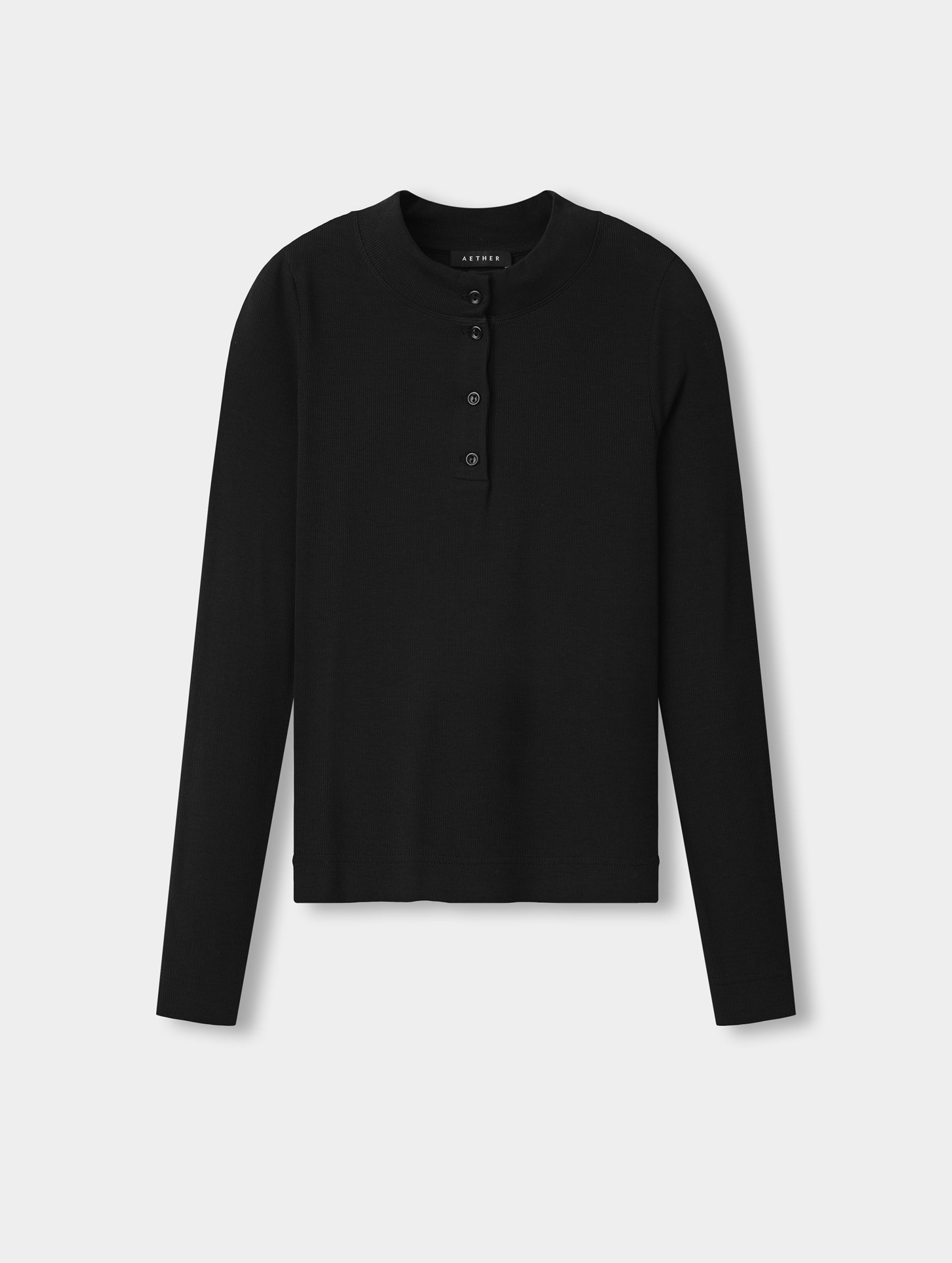 Flat lay view of the Legacy Long-Sleeve Henley in Onyx Black from AETHER Apparel.
