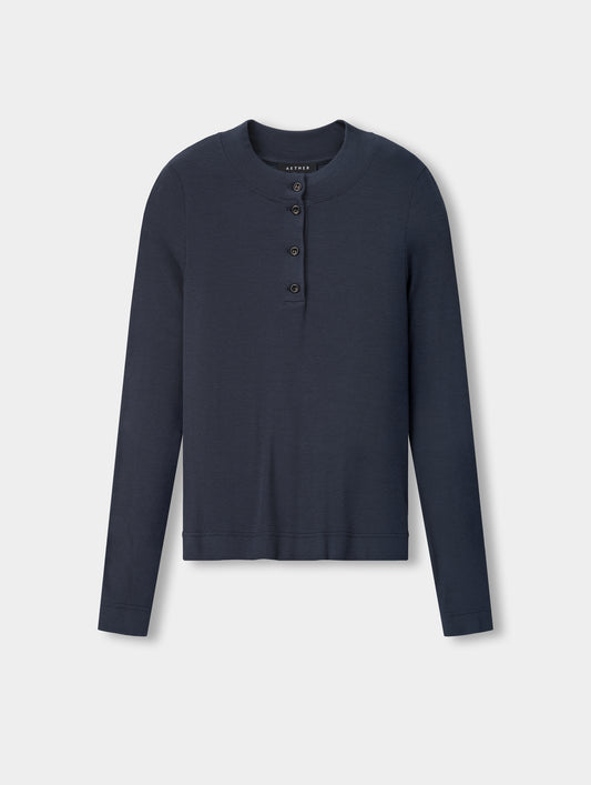 Flat lay view of the Legacy Long-Sleeve Henley in Total Eclipse from AETHER Apparel.