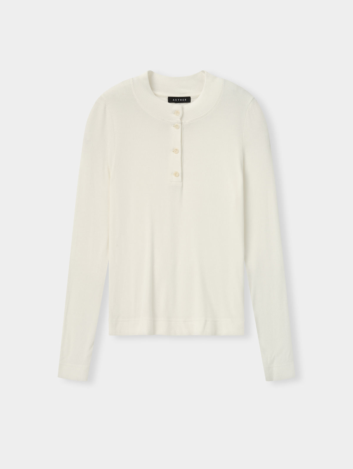 Flat lay view of the Legacy Long-Sleeve Henley in Winter White from AETHER Apparel. 