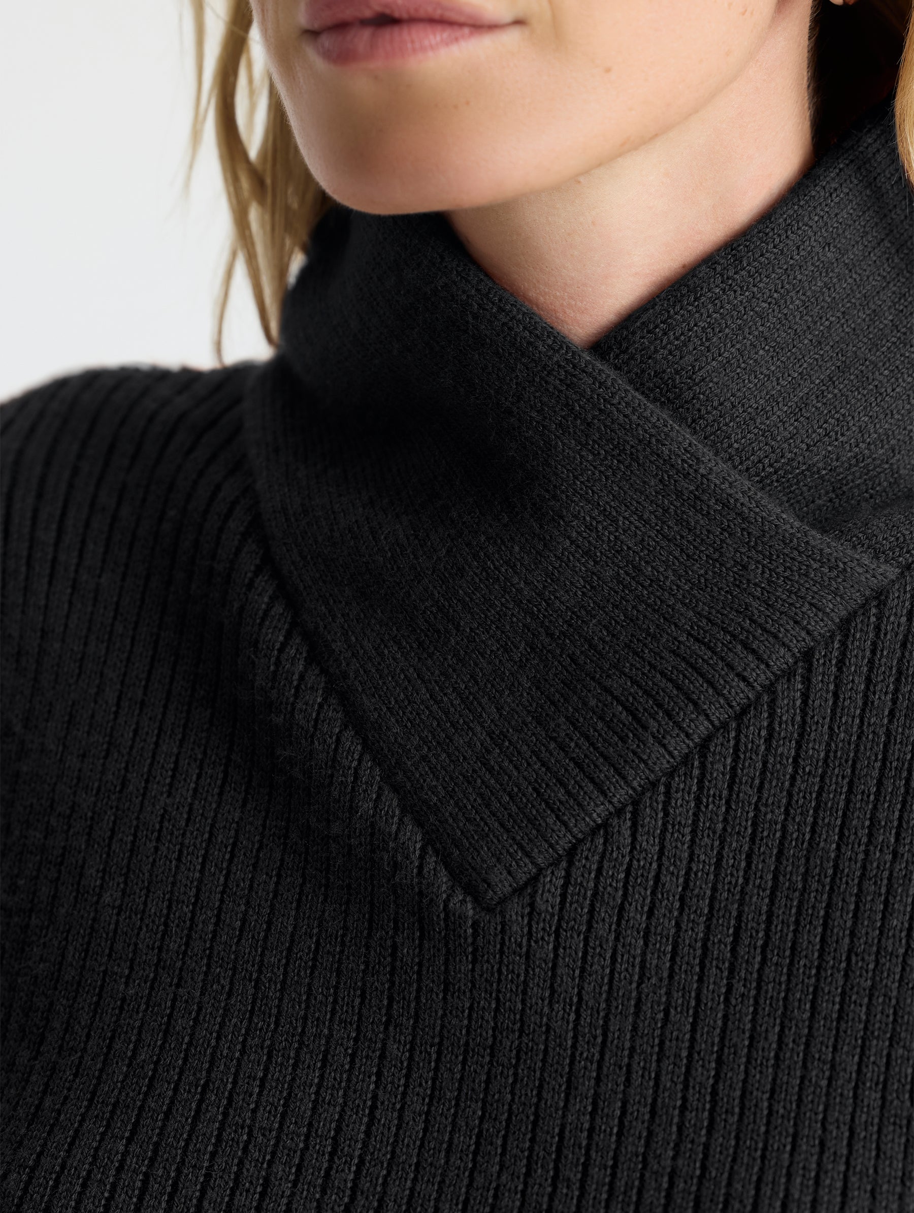 Closeup detail view of collar of Lexington Sweater in Onyx Black from AETHER Apparel.