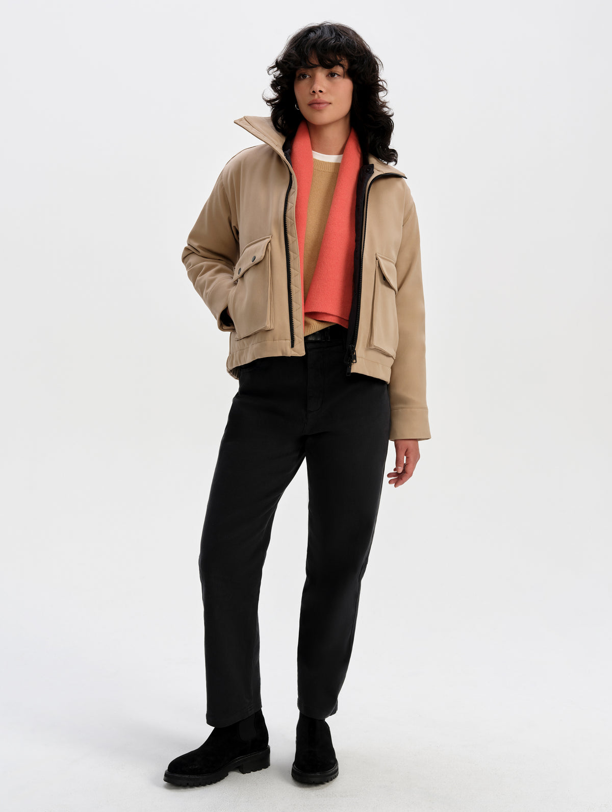 Front full-body view of woman wearing the Luna 3-in-1 Field Jacket in Latte Brown from AETHER Apparel.
