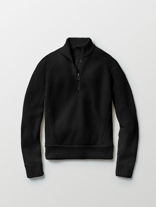 Flat lay image of Malina Half-Zip Sweater in Onyx Black from AETHER Apparel. 