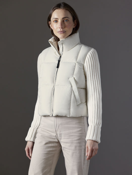 Front angled view of woman wearing Nina Cardigan-Sleeve Jacket in Winter White from AETHER Apparel.
