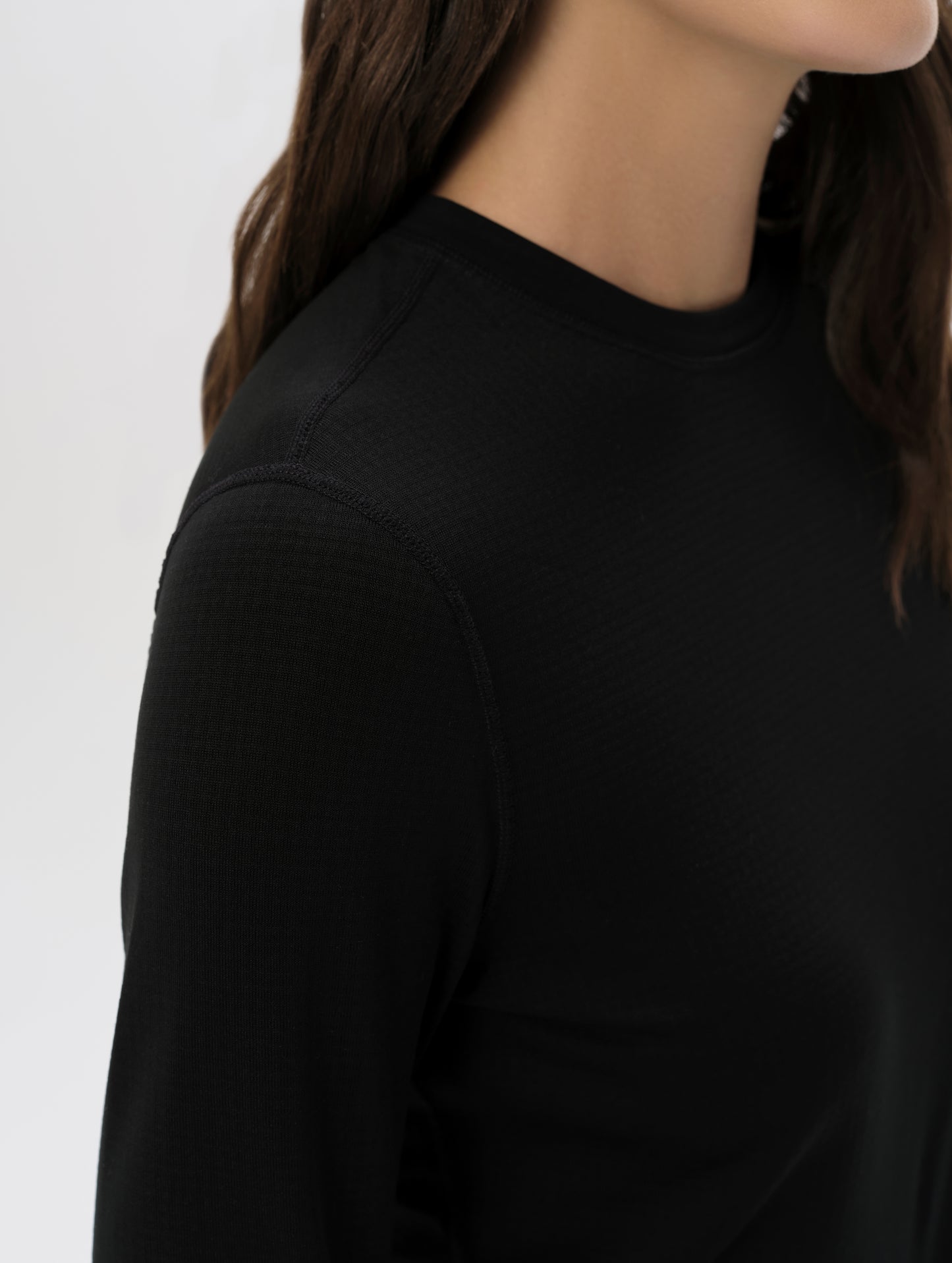 Closeup detailed view of the shoulder on the Polar Base Layer Crew in Onyx Black from AETHER Apparel.