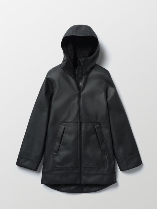 Flat lay of the Quest Sherpa-Lined Rain Jacket Onyx Black from AETHER Apparel. 