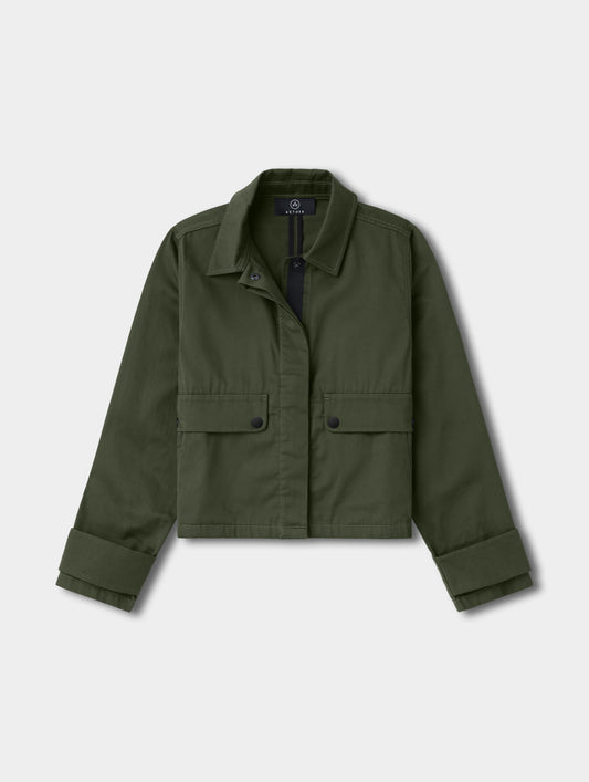 Flat lay view of the Raven Waxed Cotton Jacket in Forest Green from AETHER.