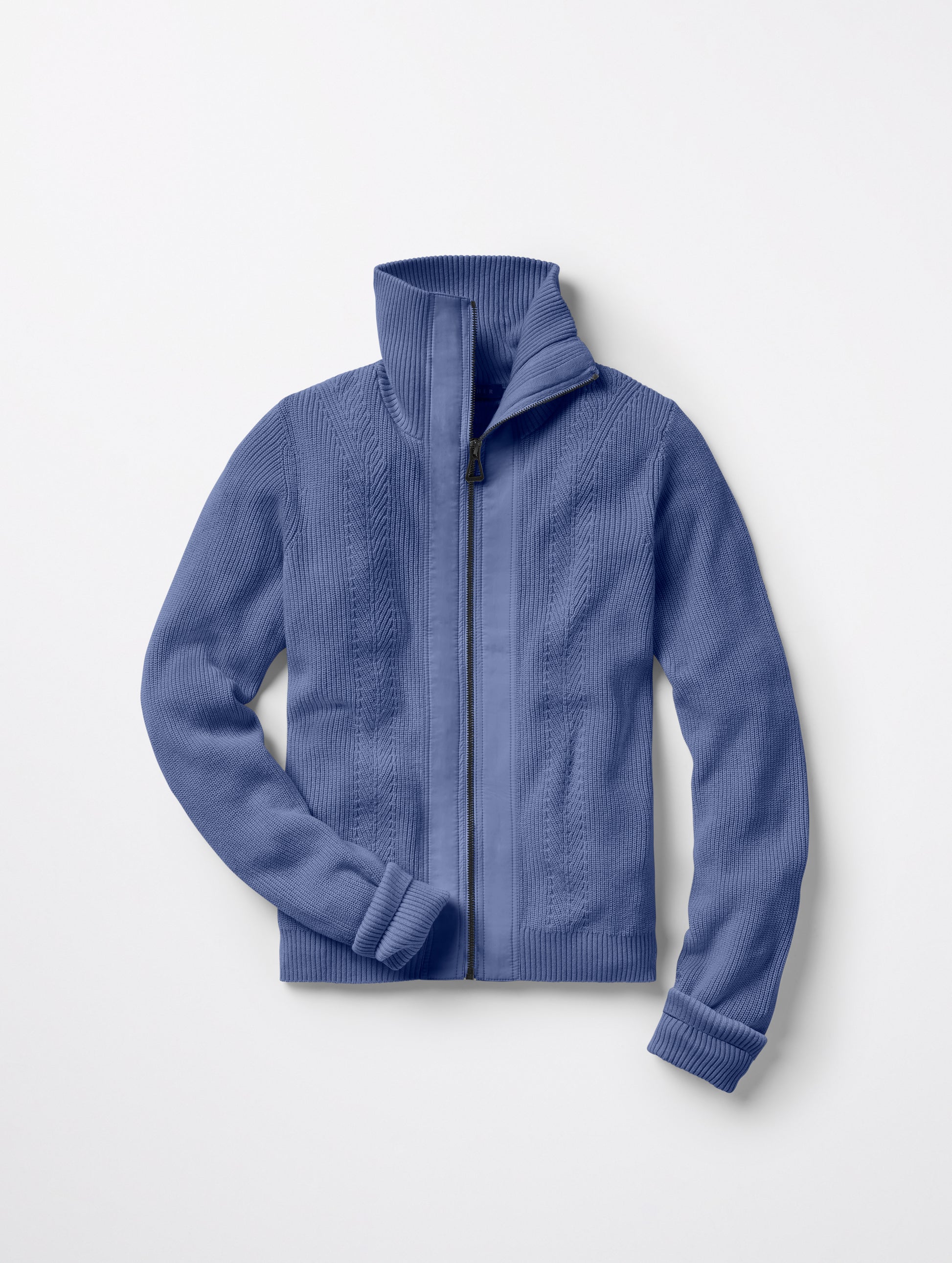 Flat lay of women's Rhea Full-Zip Sweater in Portal Blue Heather from AETHER Apparel.