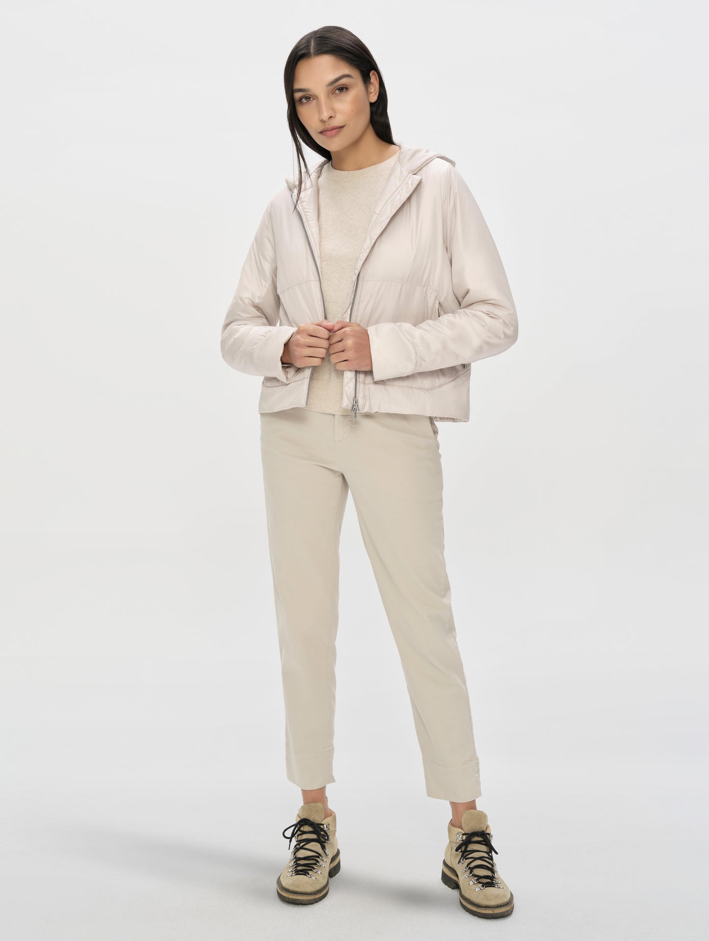 Front, full-body view of woman wearing the Rhy Straight Leg Pant in Bone from AETHER Apparel.