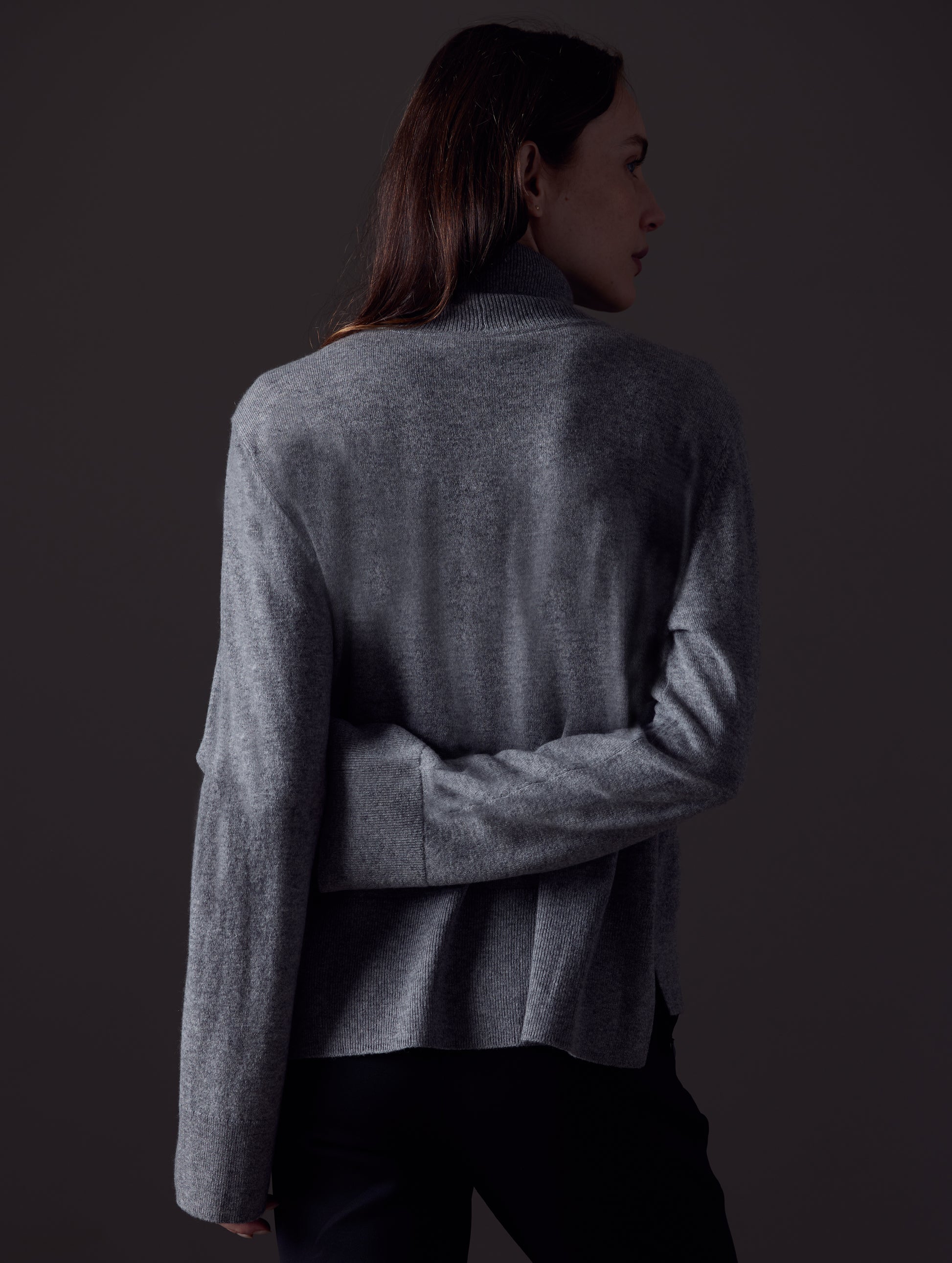 Woman wearing grey Leigh Cashmere Turtleneck Sweater
