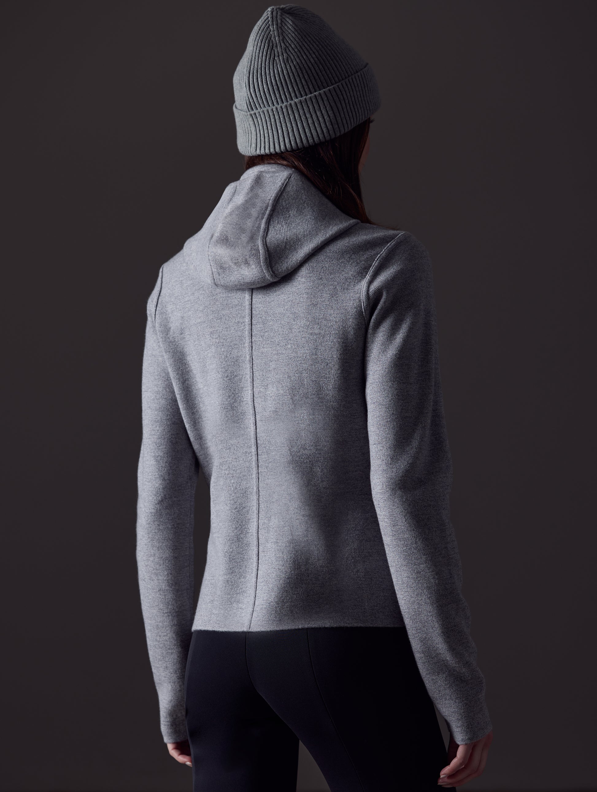Woman wearing grey W Riley Full-Zip Sweater