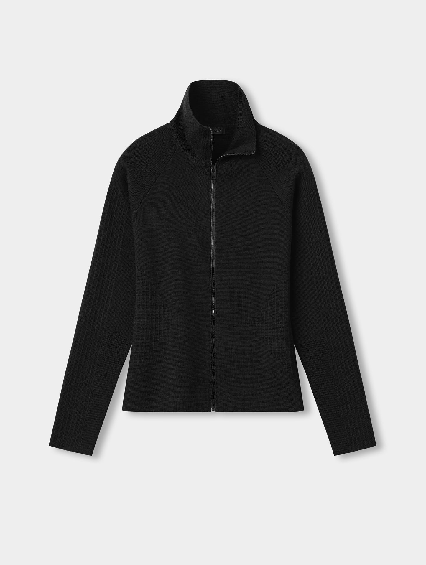Flat lay view of the Riley Full-Zip Sweater 2.0 in Onyx Black from AETHER Apparel.