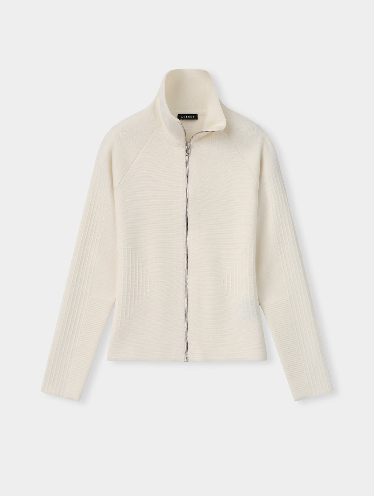 Flat lay view of the Riley Full-Zip Sweater 2.0 in Winter White from AETHER Apparel.