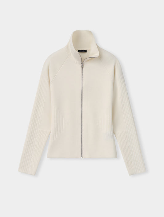 Flat lay view of the Riley Full-Zip Sweater 2.0 in Winter White from AETHER Apparel.