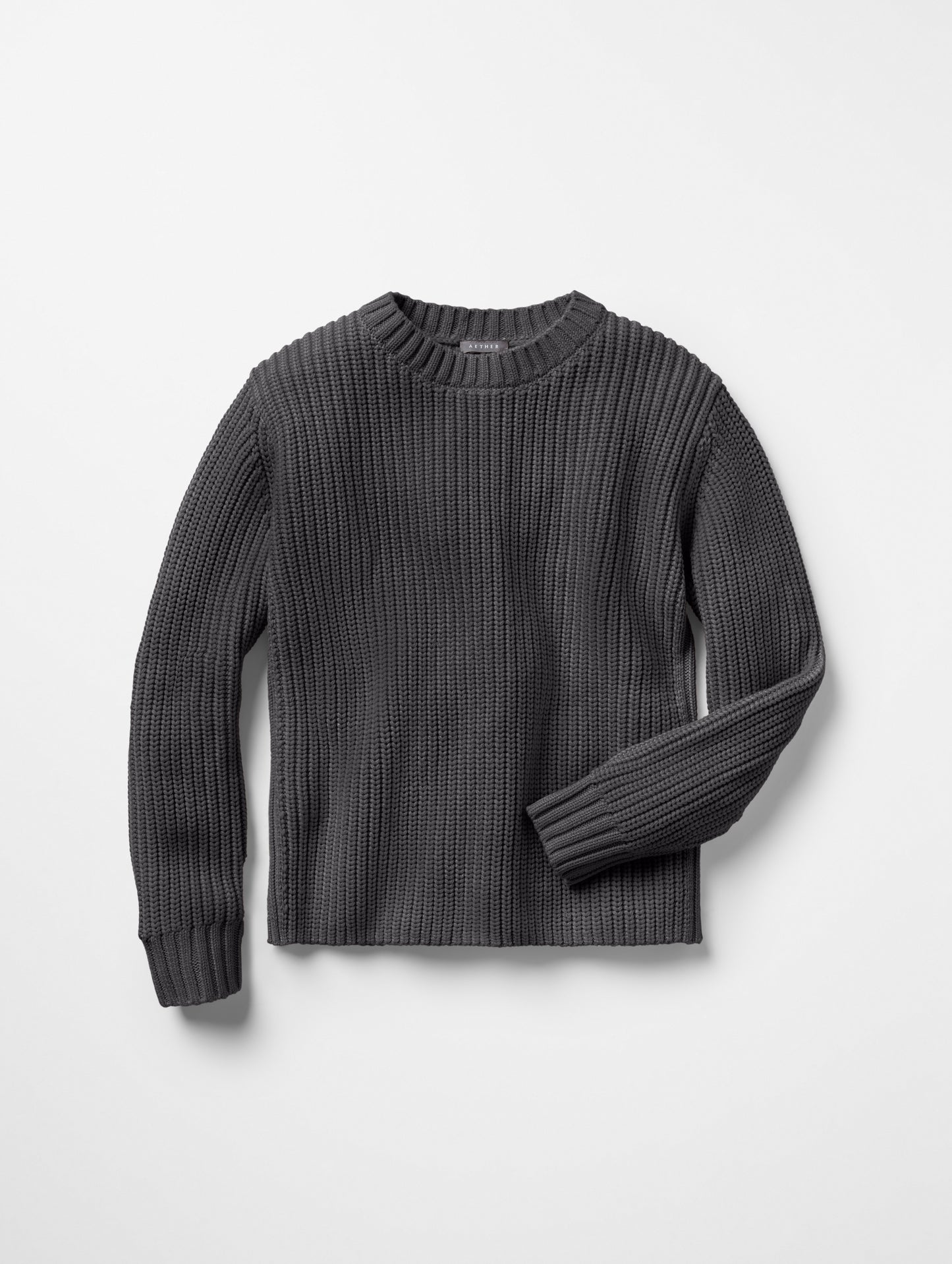 Flat lay of Sherwood Crewneck Sweater in Dark Grey Heather from AETHER Apparel.