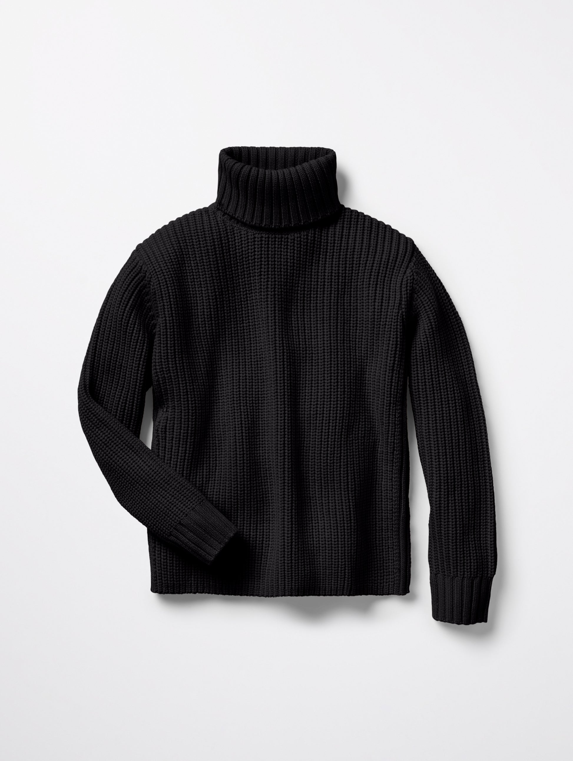 Flat lay of women's Sherwood Turtleneck Sweater in Onyx Black from AETHER Apparel.