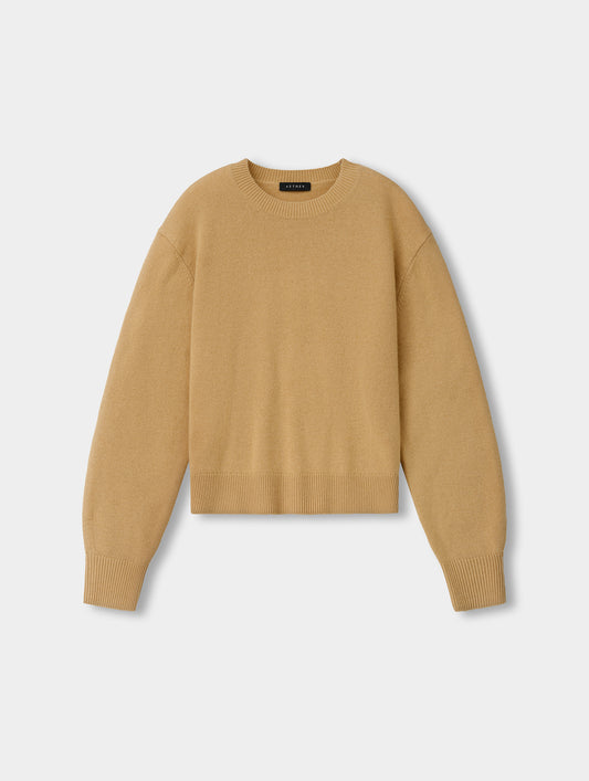 Flat lay view of the Solace Cashmere Sweater in Latte Brown from AETHER Apparel.