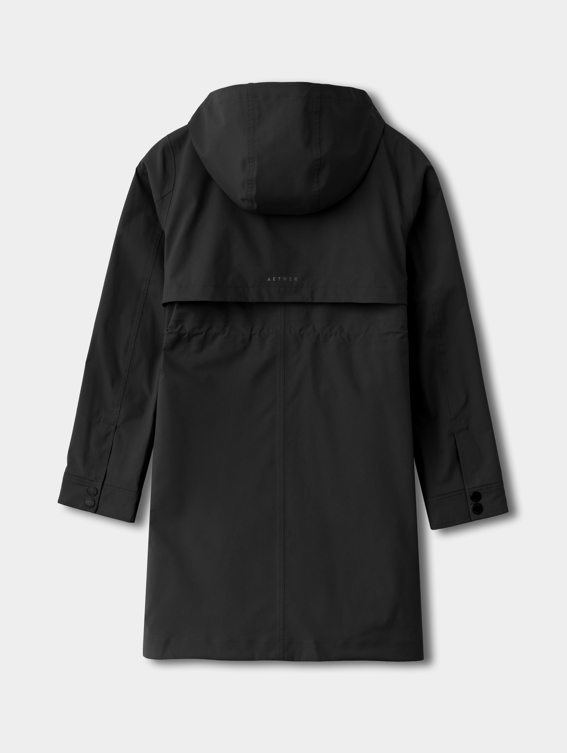 Flat lay view of the back of the women's Wallace Rain Parka in Onyx Black from AETHER Apparel.