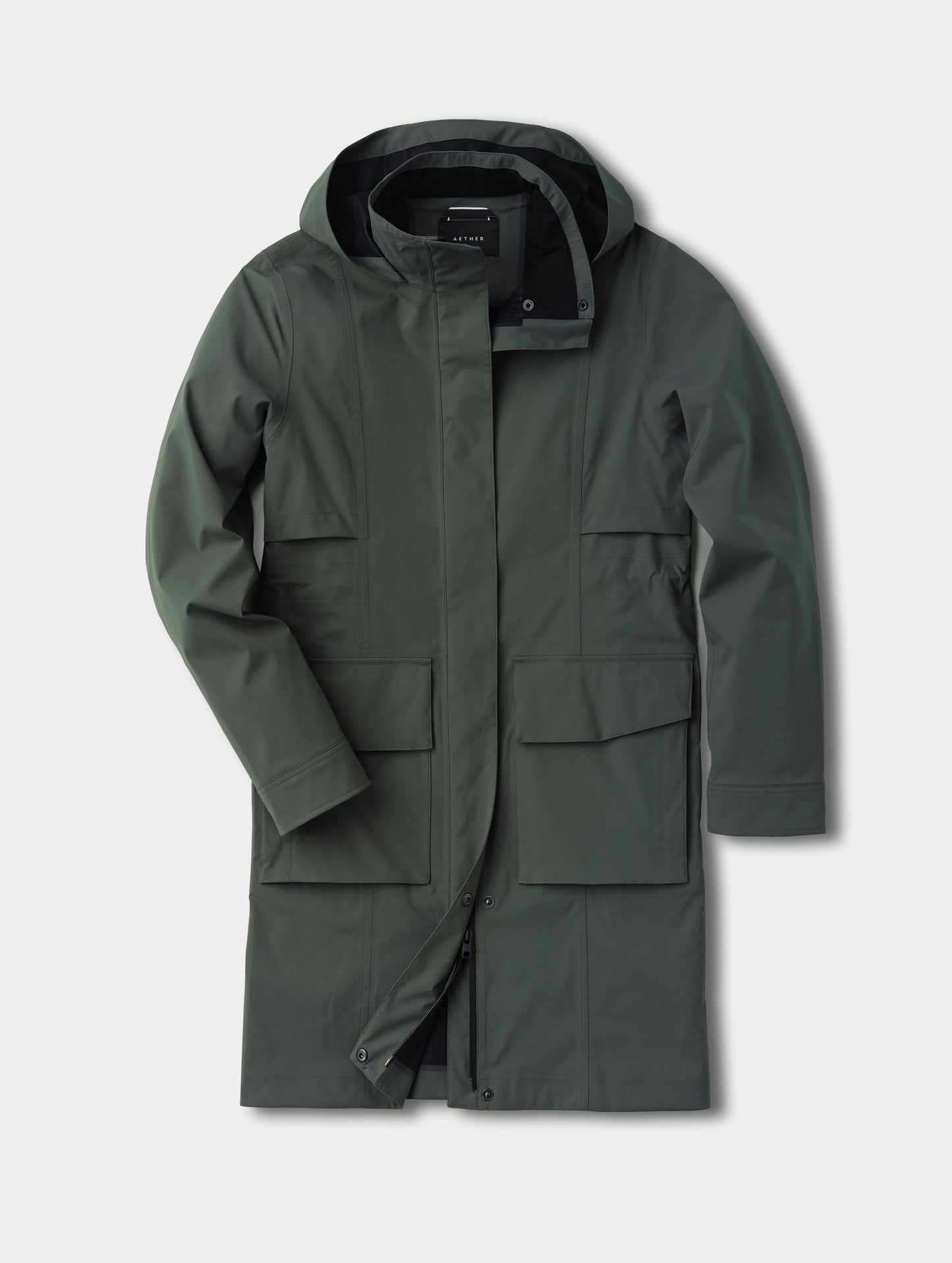 Flat lay view of the front of the women's Wallace Rain Parka in Saville Green from AETHER Apparel.