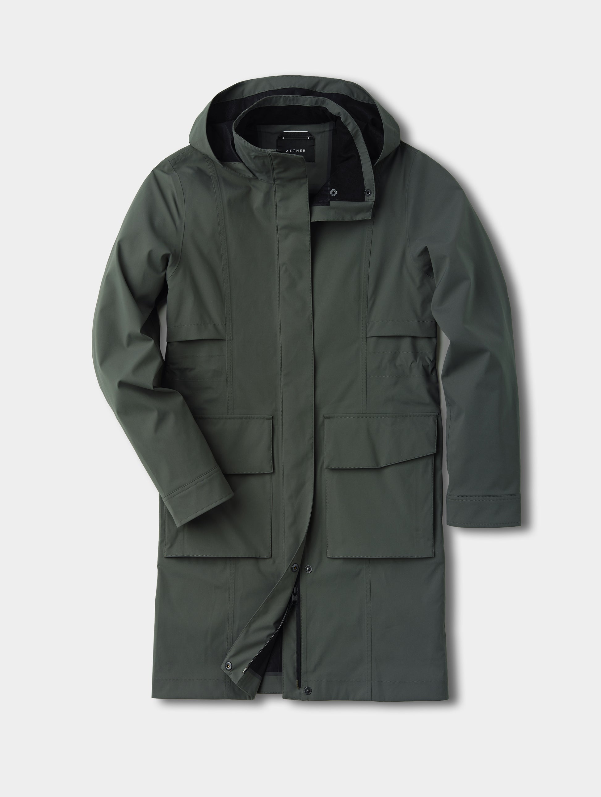 Flat lay view of the front of the women's Wallace Rain Parka in Saville Green from AETHER Apparel.