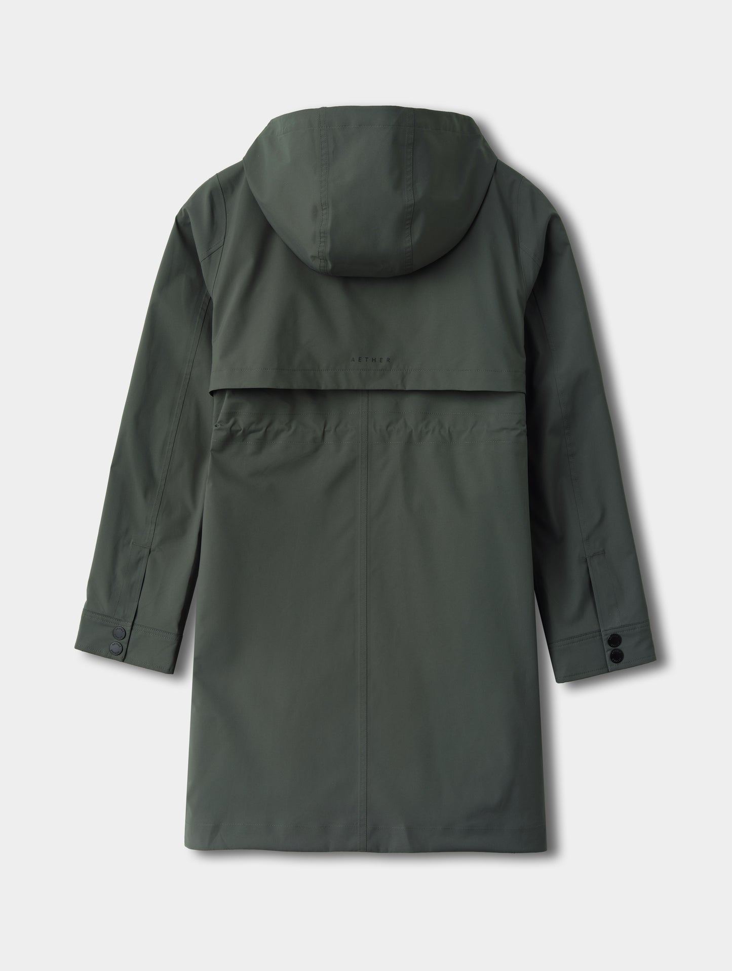 Flat lay view of the back of the women's Wallace Rain Parka in Saville Green from AETHER Apparel.