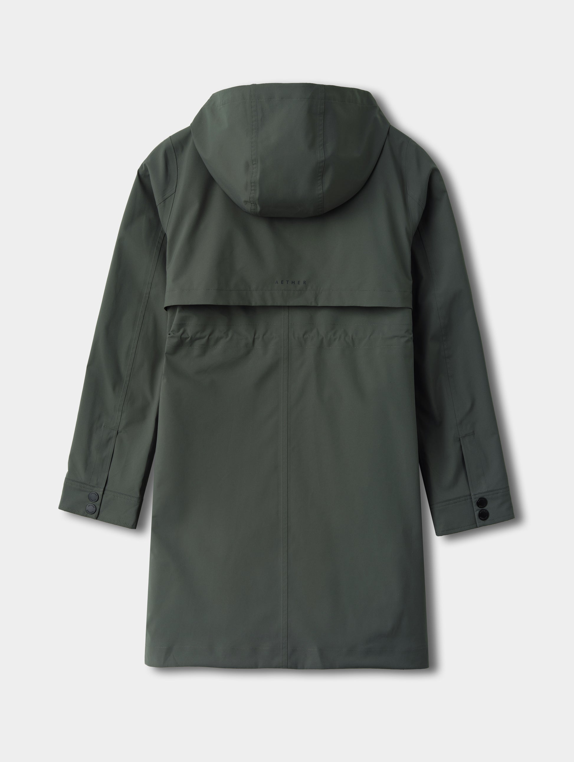 Flat lay view of the back of the women's Wallace Rain Parka in Saville Green from AETHER Apparel.