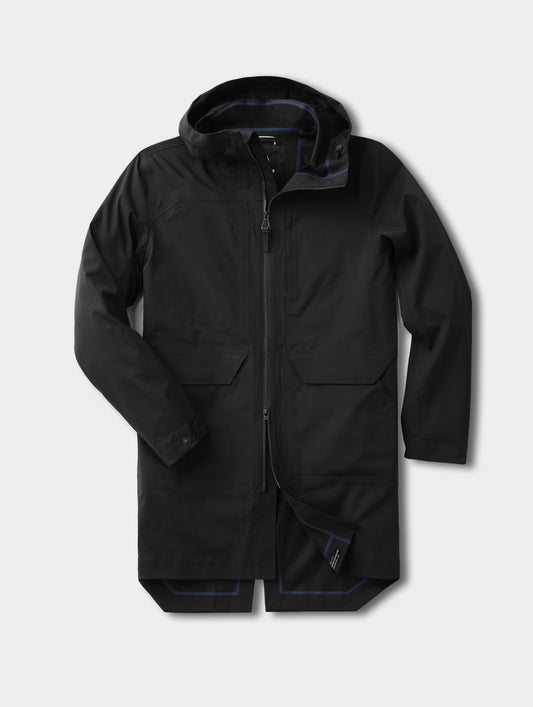 Flat lay view of the men's Wallace Rain Parka in Onyx Black from AETHER Apparel.