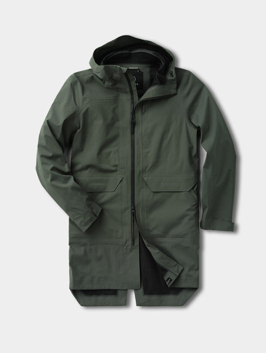 Flat lay view of the men's Wallace Rain Parka in Saville Green from AETHER Apparel.