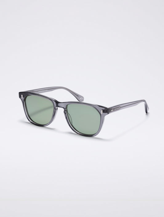 Front 3/4 view of Yosemite Sunglass in transparent Grey with Grey Lens from AETHER Apparel.