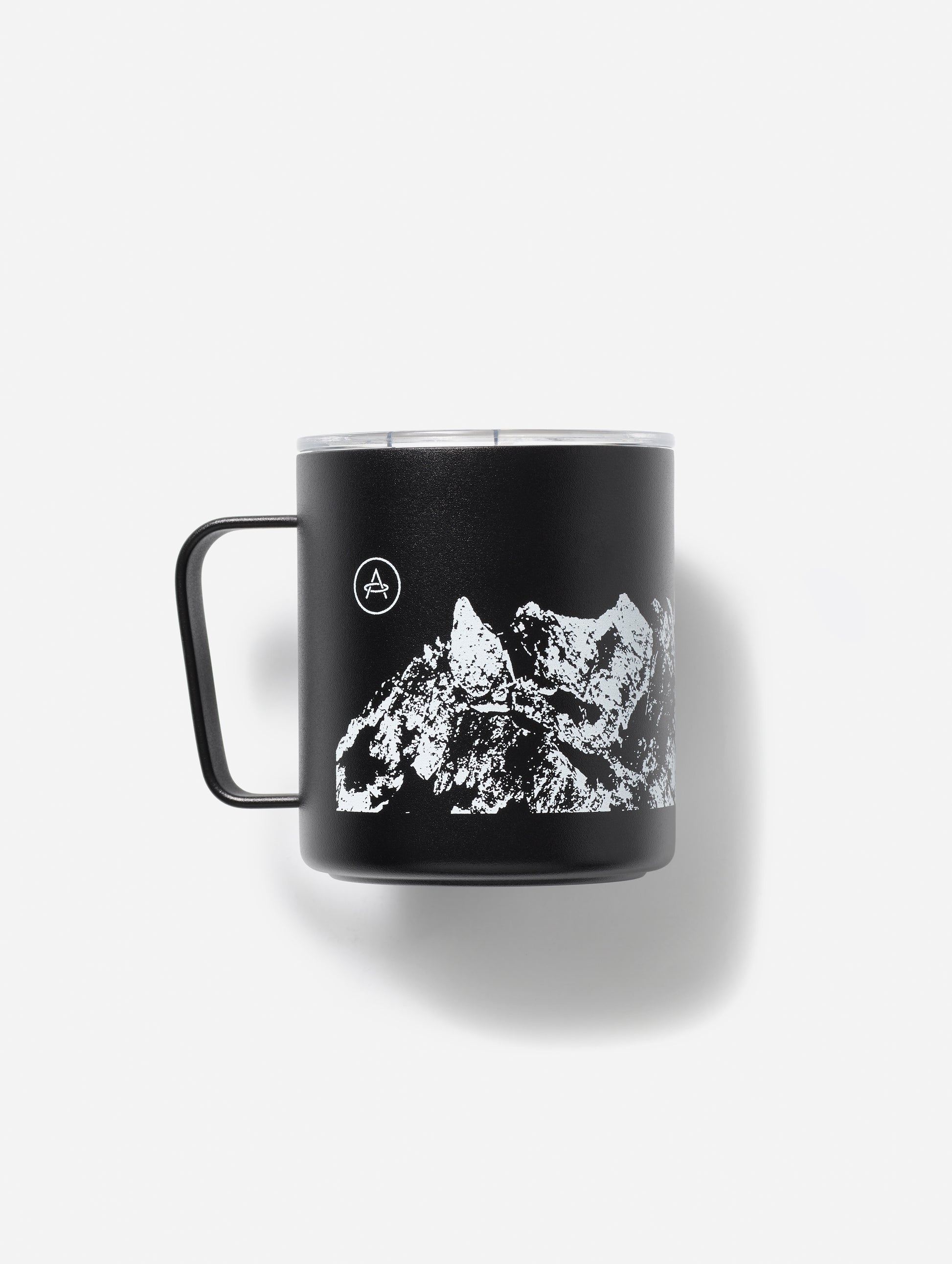black cup with mountain graphic