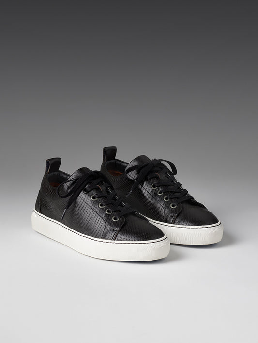 Front angled view of women's Dalton Low-Top Sneaker in Onyx Black from AETHER Apparel. 
