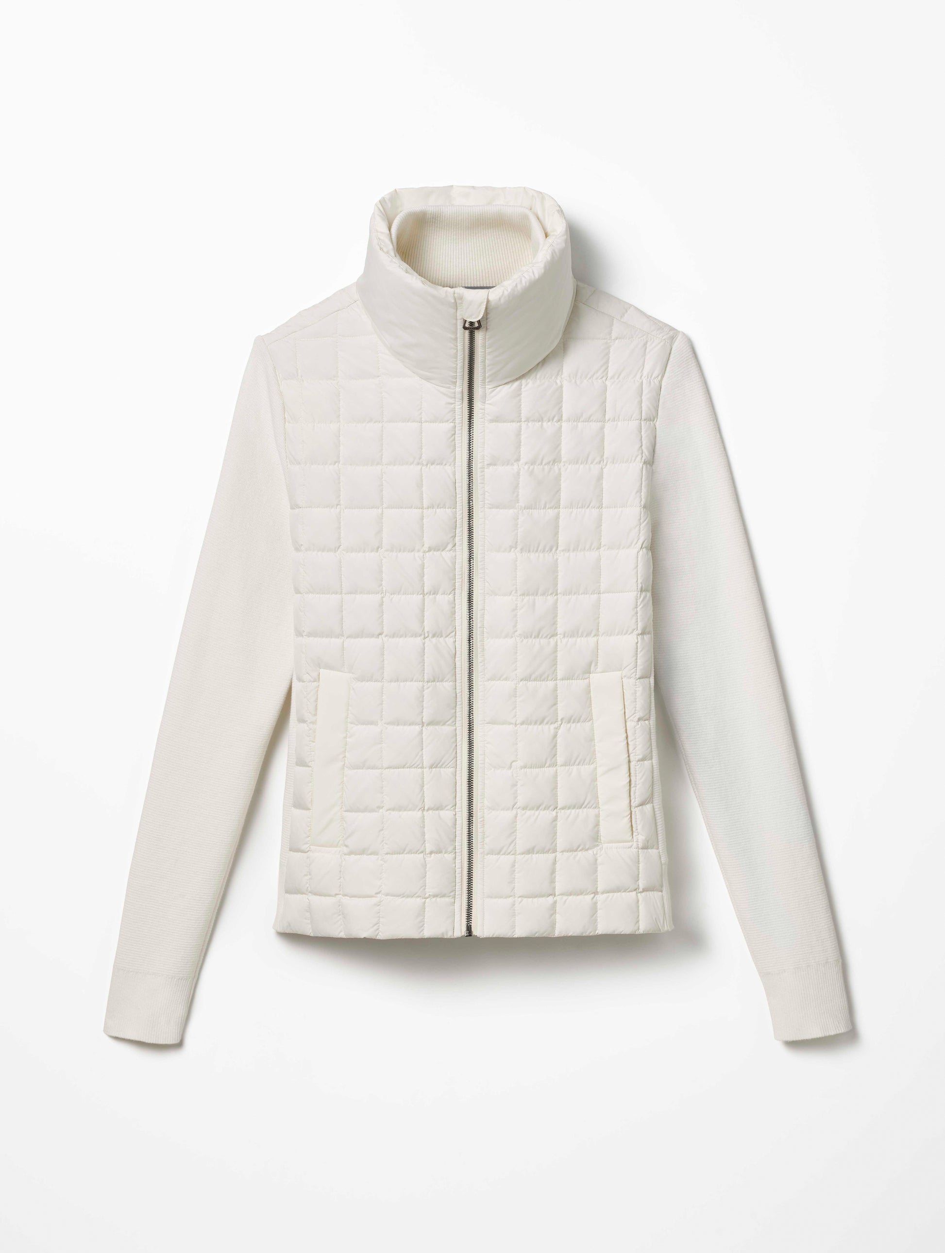quilted white full-zip sweater for women
