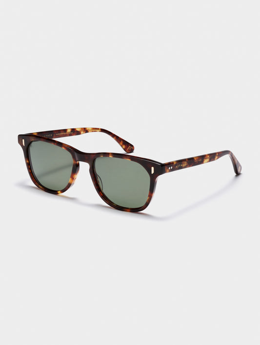 Front 3/4 view of Yosemite Sunglass in Tortoise with Deep G15 Lens from AETHER Apparel.